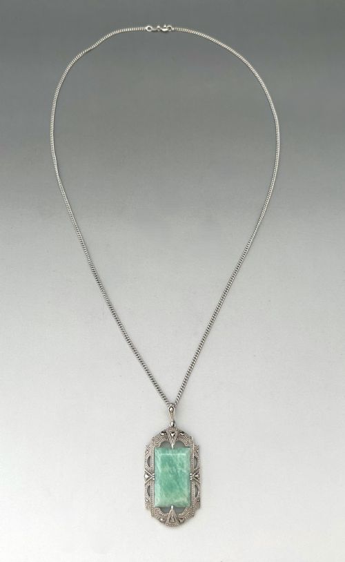 A STYLISH ART DECO SILVER AMAZONITE NECKLACE PENDANT - ADDITIONAL PHOTO 6