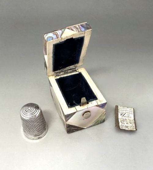 fig 1. A delightful Victorian mother-of-pearl thimble box & silver thimble
