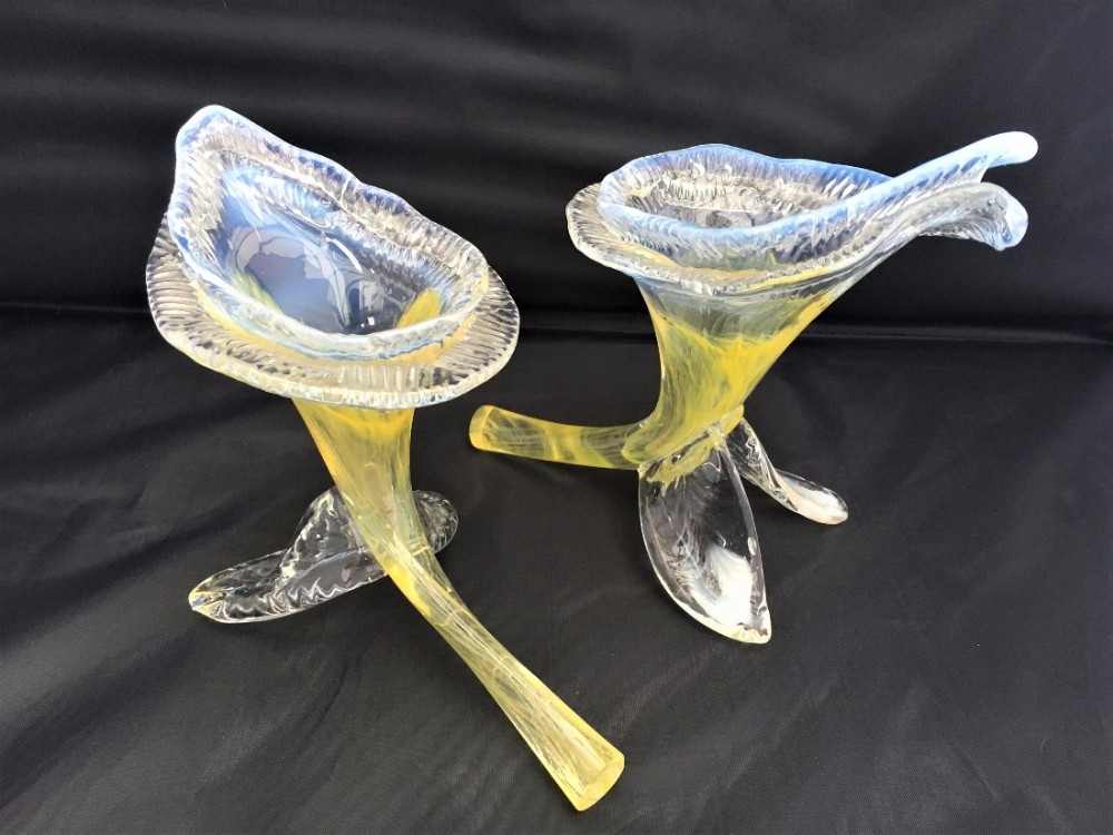A pair of Victorian vaseline glass Cornucopia vases.