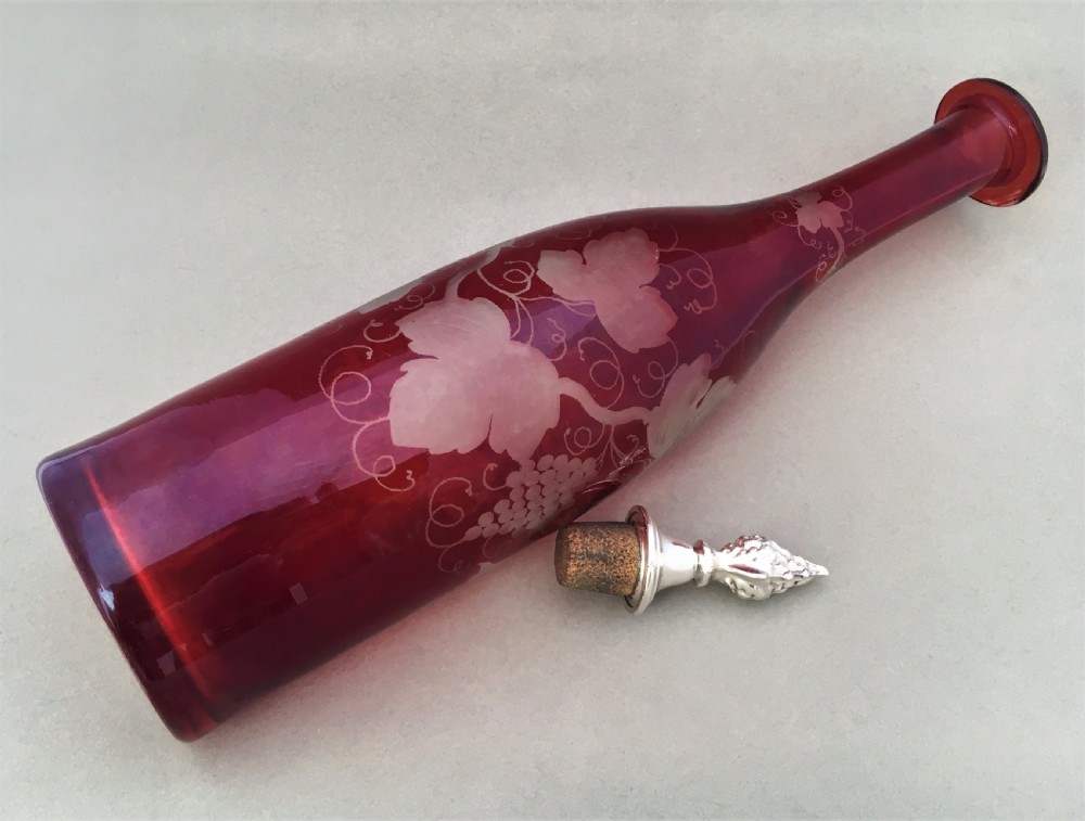 A Charming Victorian fruiting vine etched decanter with silver plated stopper View IV