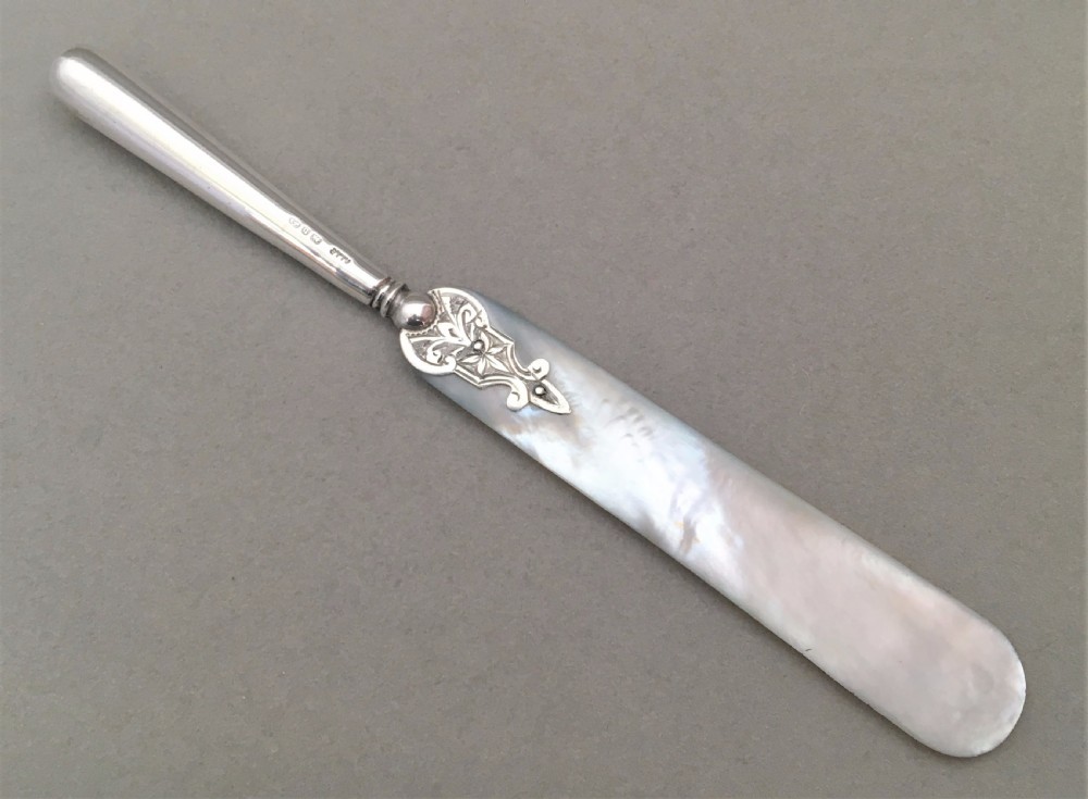 An exquisite silver letter opener with Agate handle & mother of pearl blade View II