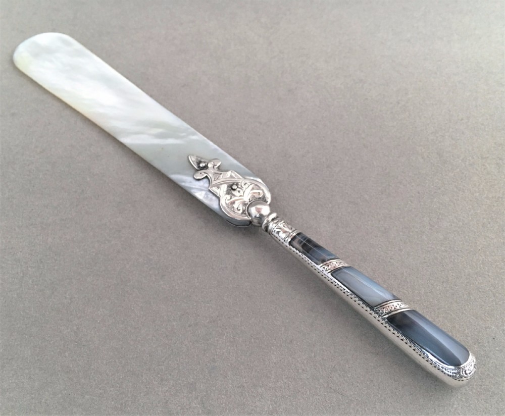 An exquisite silver letter opener with Agate handle & mother of pearl blade View III