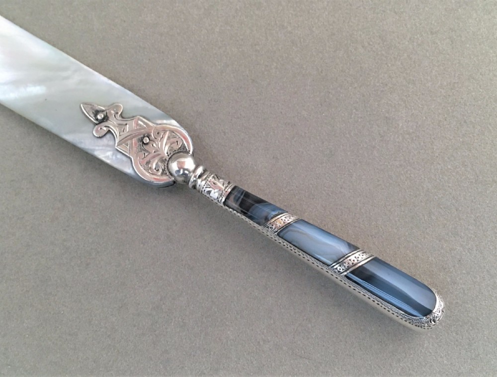 An exquisite silver letter opener with Agate handle & mother of pearl blade View IV