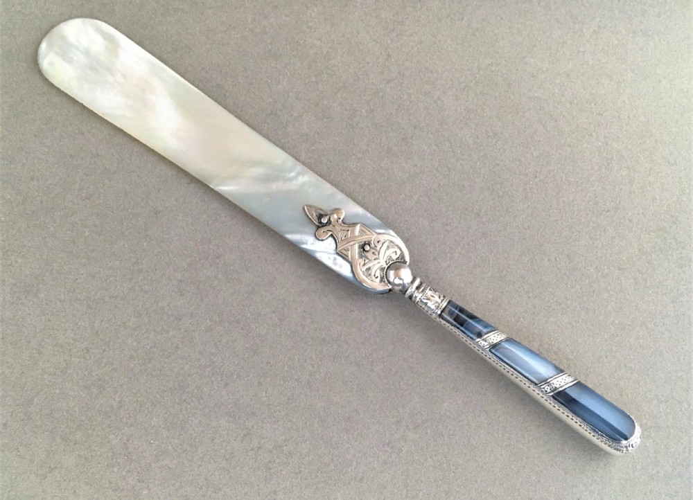 An exquisite silver letter opener with Agate handle & mother of pearl blade