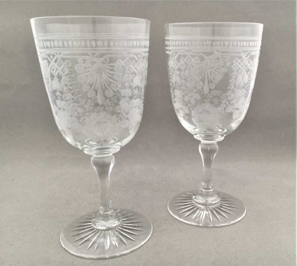 A stunning pair of Victorian etched wine goblets