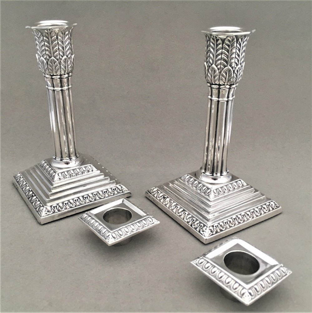 A wonderful pair of silver corinthian column candlesticks View VI