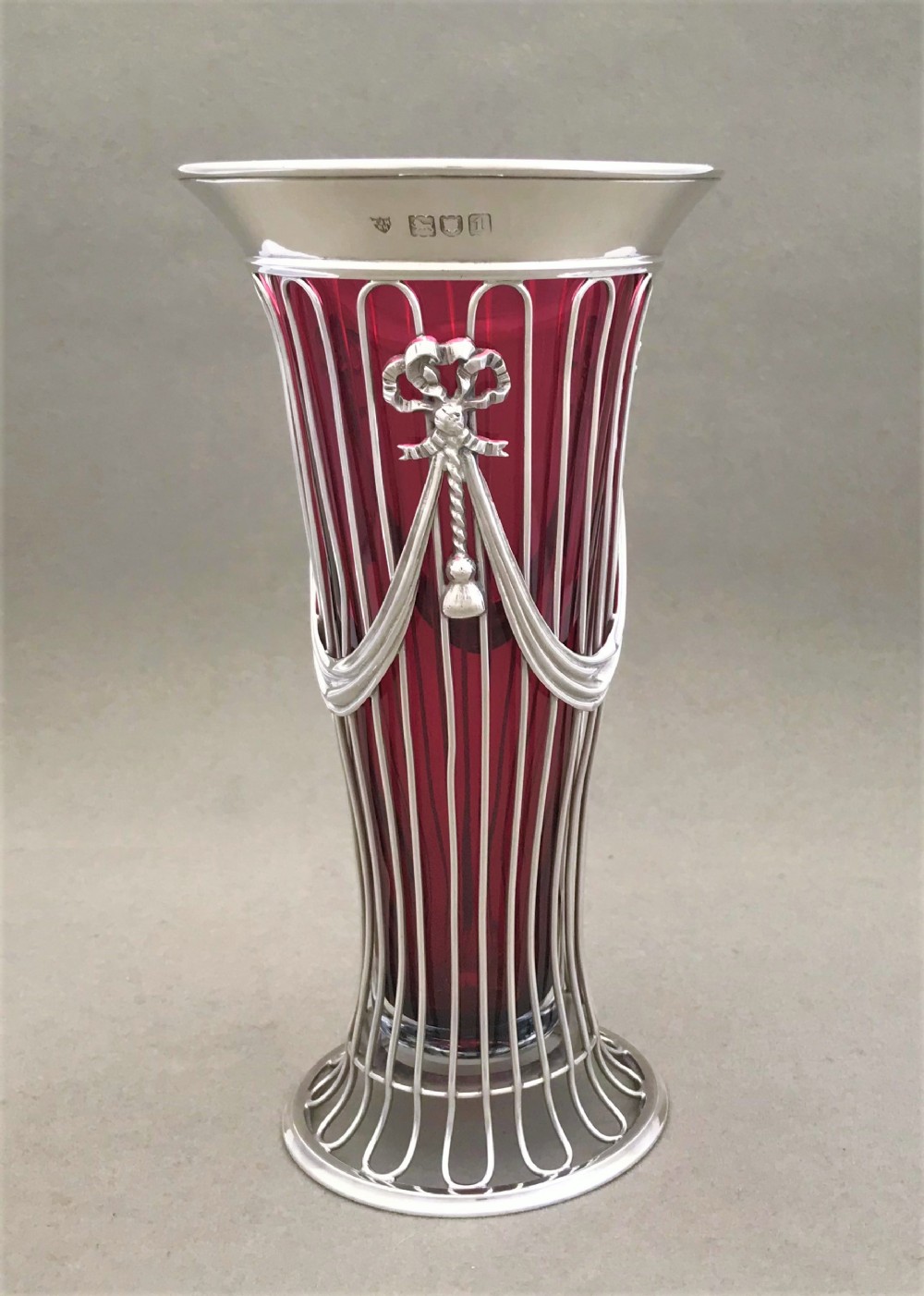 A Fabulous Edwardian silver wirework & cranberry vase