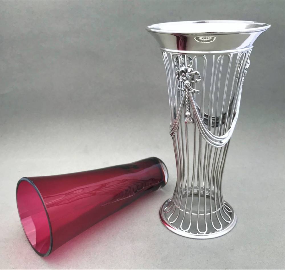 A Fabulous Edwardian silver wirework & cranberry vase View IV
