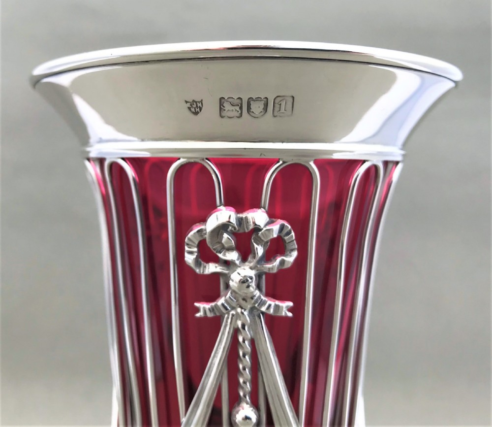 A Fabulous Edwardian silver wirework & cranberry vase View V