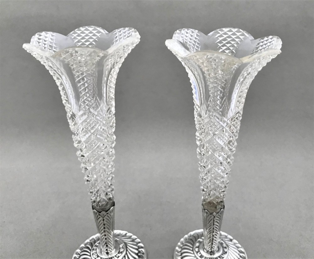 A gorgeous pair of Victorian silver mounted bud vases View V