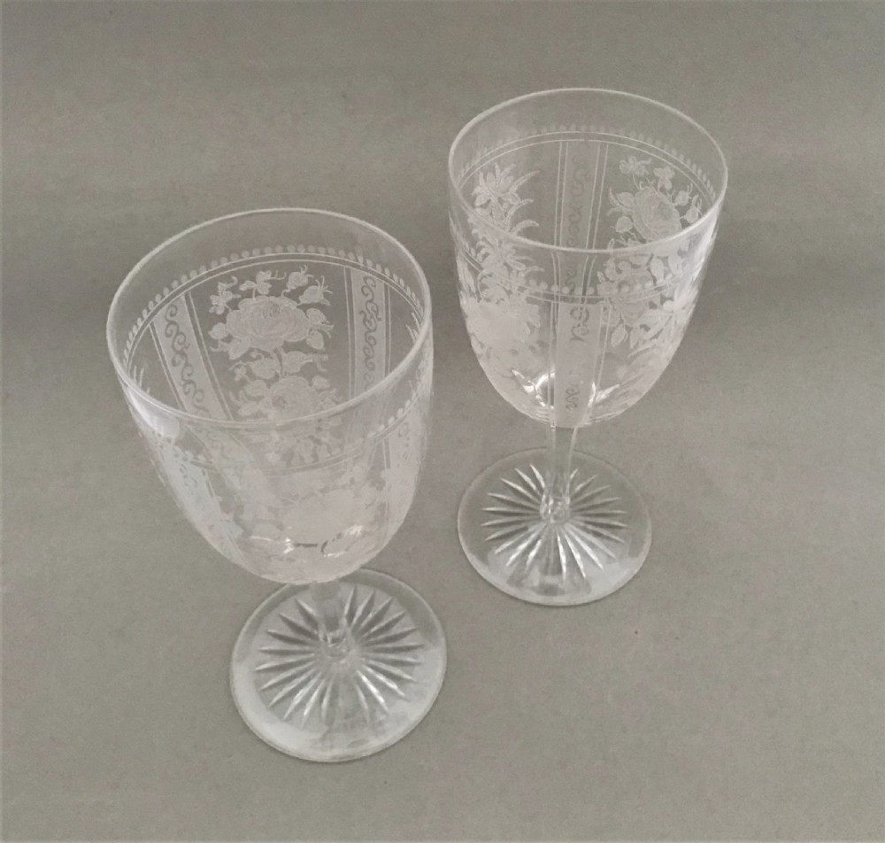 A superb pair of Victorian etched wine goblets View II