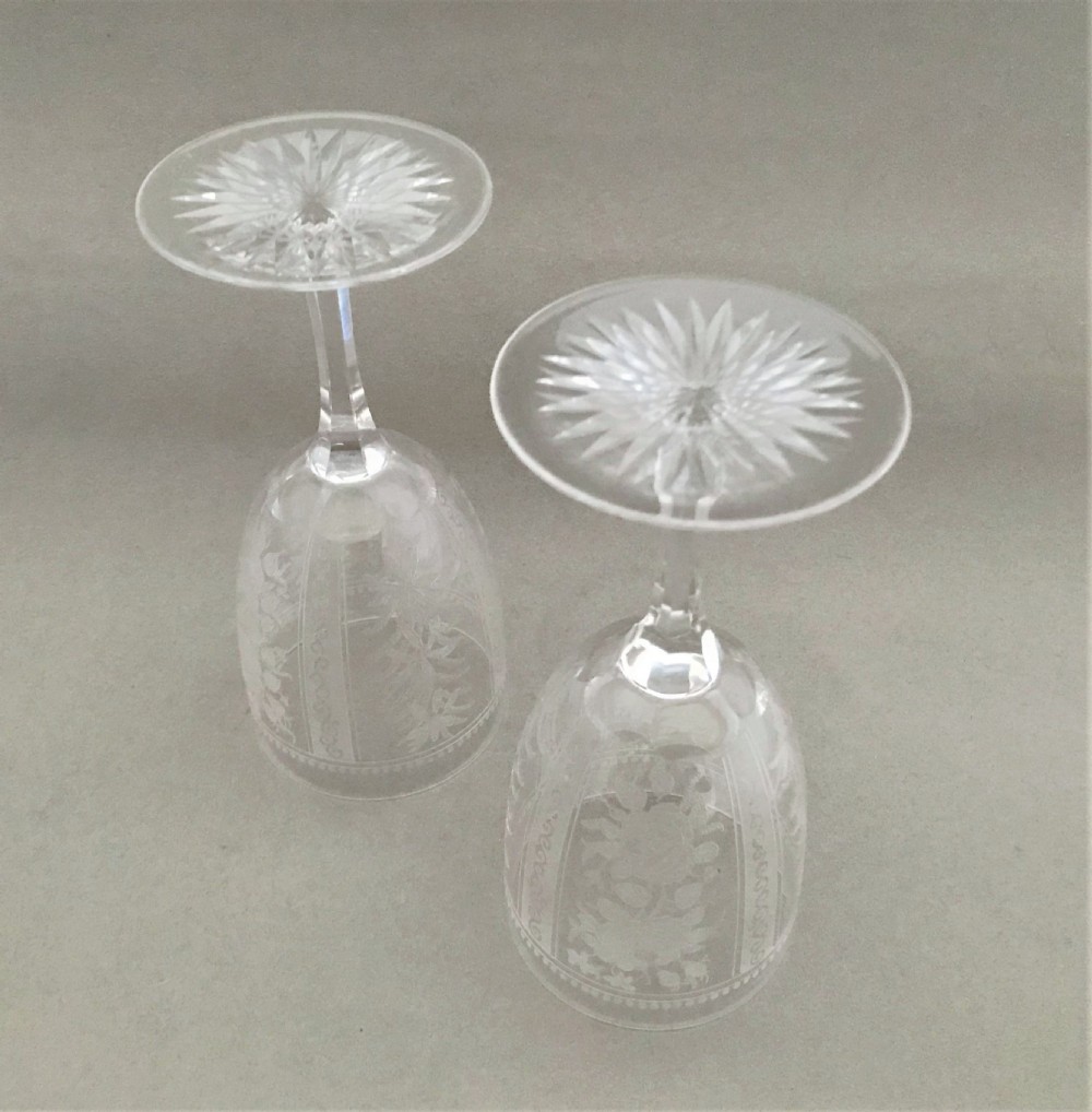 A superb pair of Victorian etched wine goblets View III
