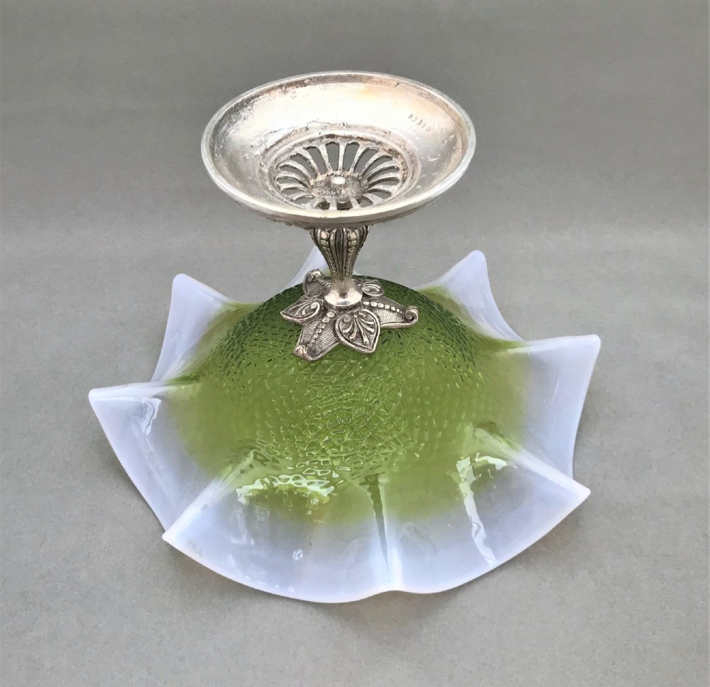 A gorgeous Victorian vaseline glass pedestal dish View IV