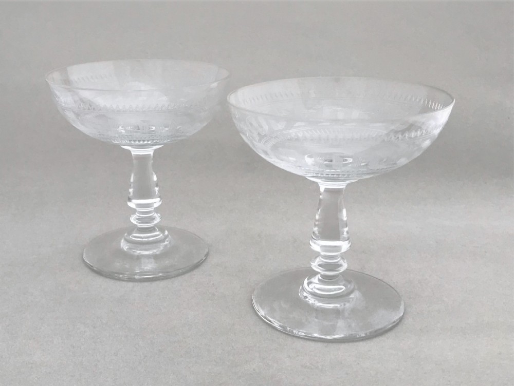 A gorgeous pair of French  etched champagne bowls View III