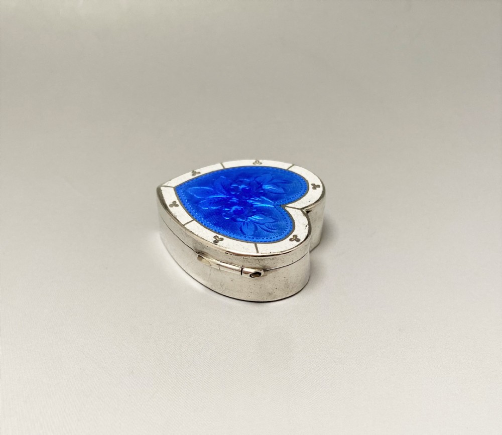 A stunning Edwardian silver & guilloche enamel heart shaped pill box View IV