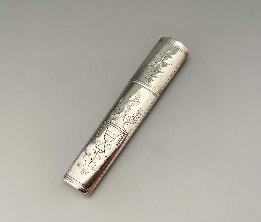 A lovely 18th Century silver needle case & tools View II