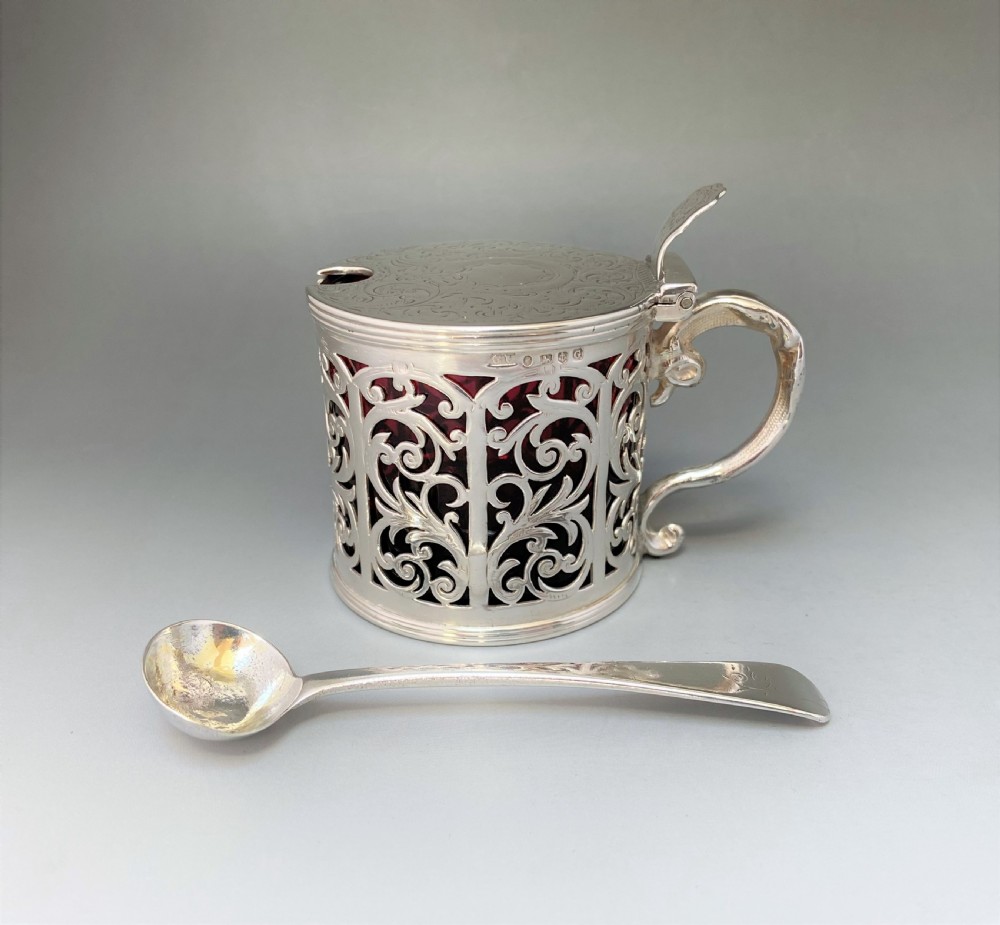 A superb silver & cranberry mustard pot & spoon
