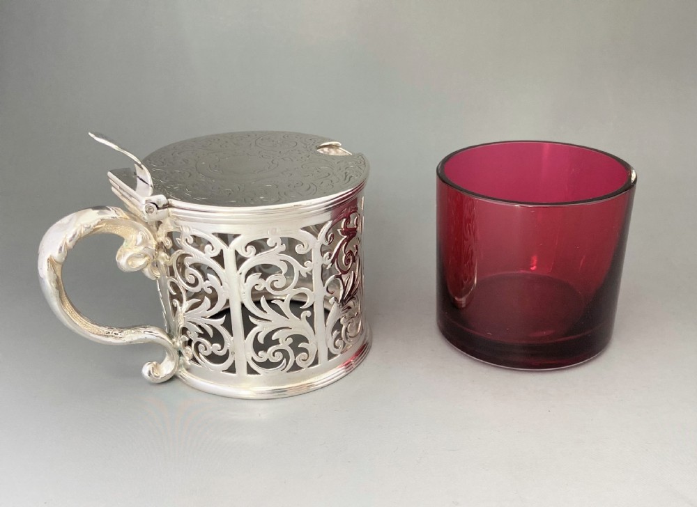 A superb silver & cranberry mustard pot & spoon View VIII