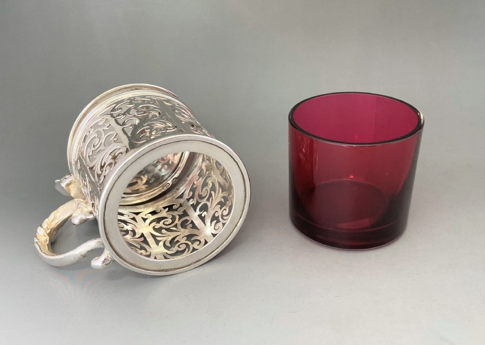 A superb silver & cranberry mustard pot & spoon View IX