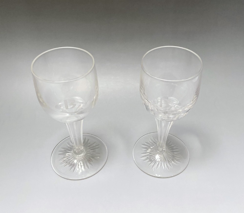 A Rare Pair Of Hollow Stem Wine Glasses Engraved 'B' View II