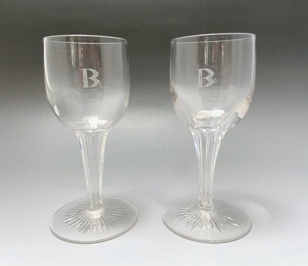A Rare Pair Of Hollow Stem Wine Glasses Engraved 'B' View V