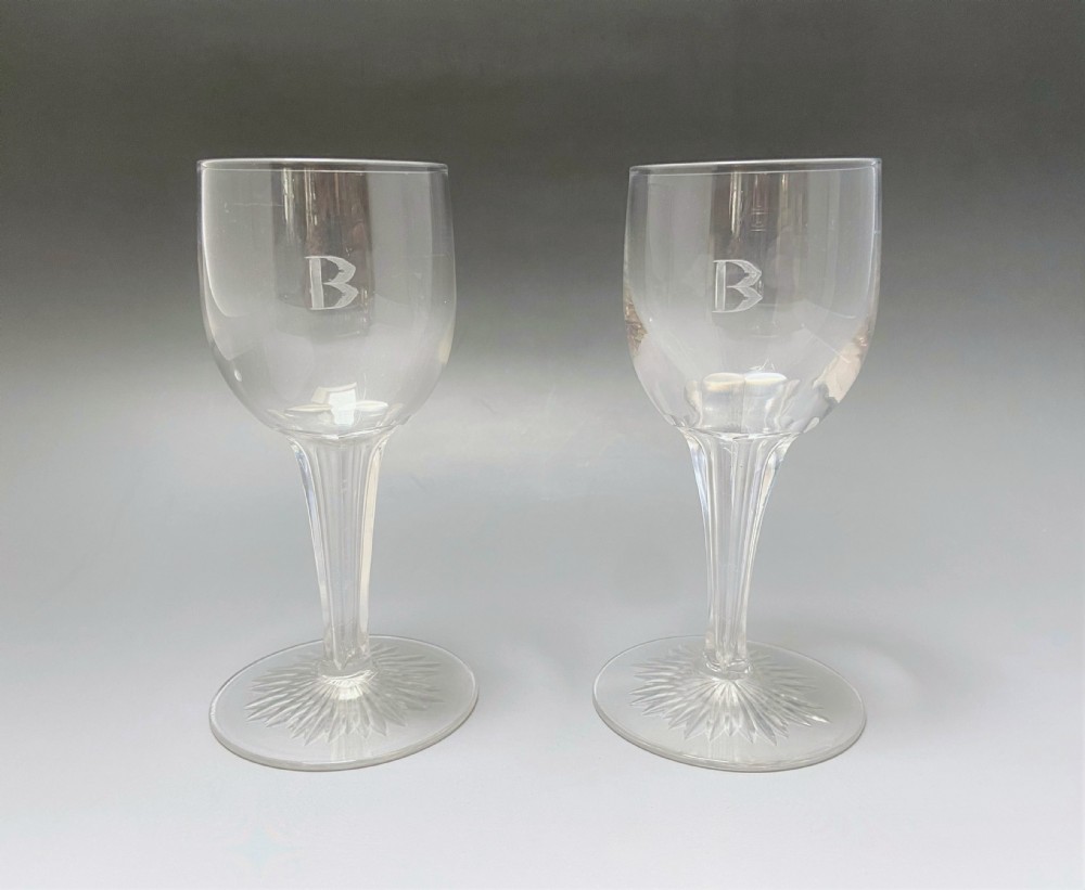 A Rare Pair Of Hollow Stem Wine Glasses Engraved 'B'