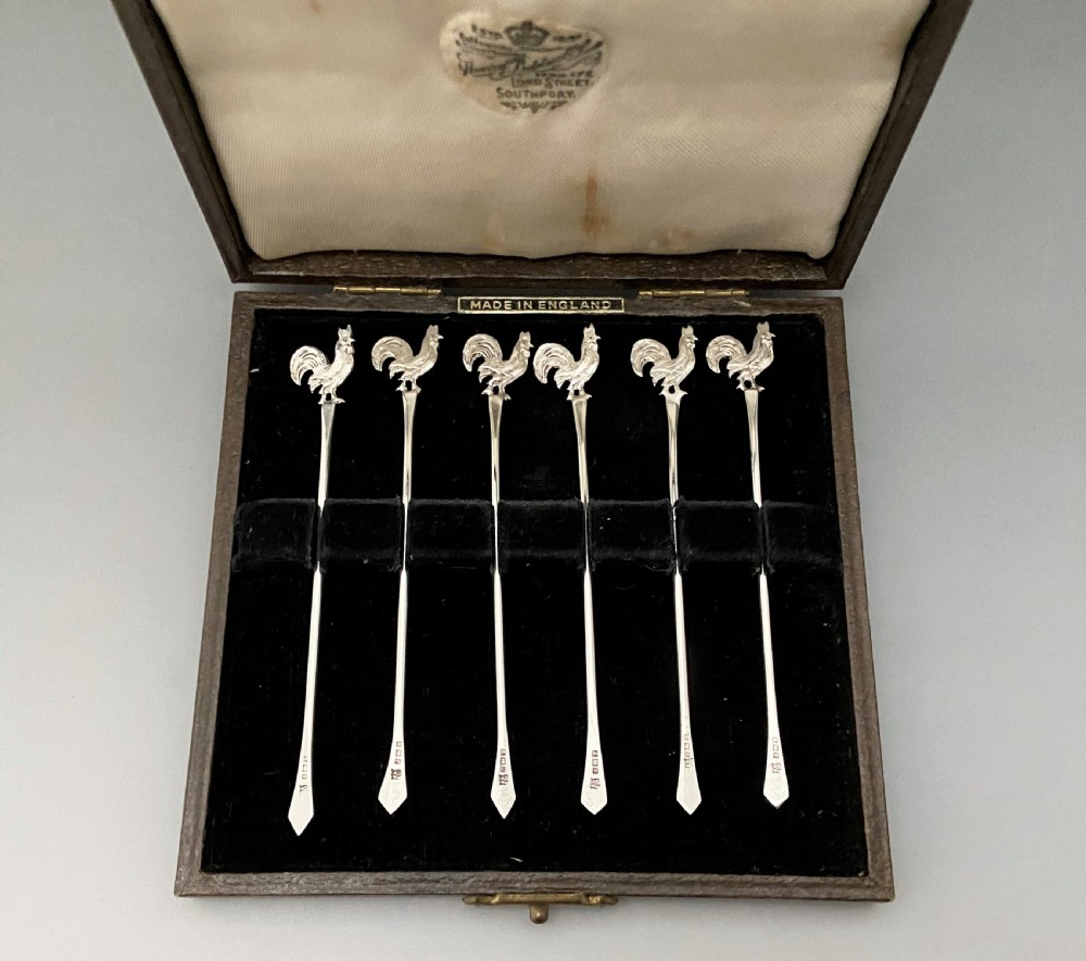 A Boxed Set Of 6 Silver Cockerel Cocktail Sticks