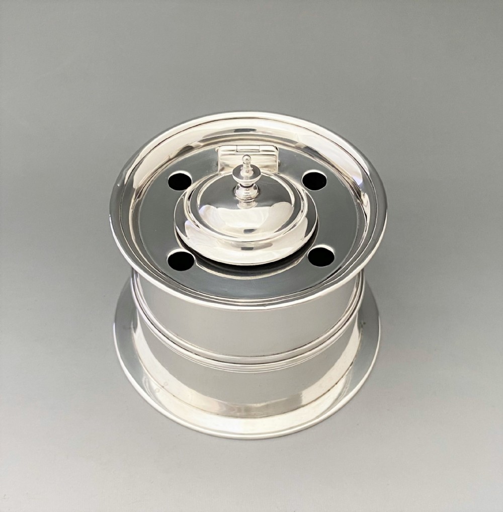 A superb Edwardian Chester silver 'fishing reel' inkwell