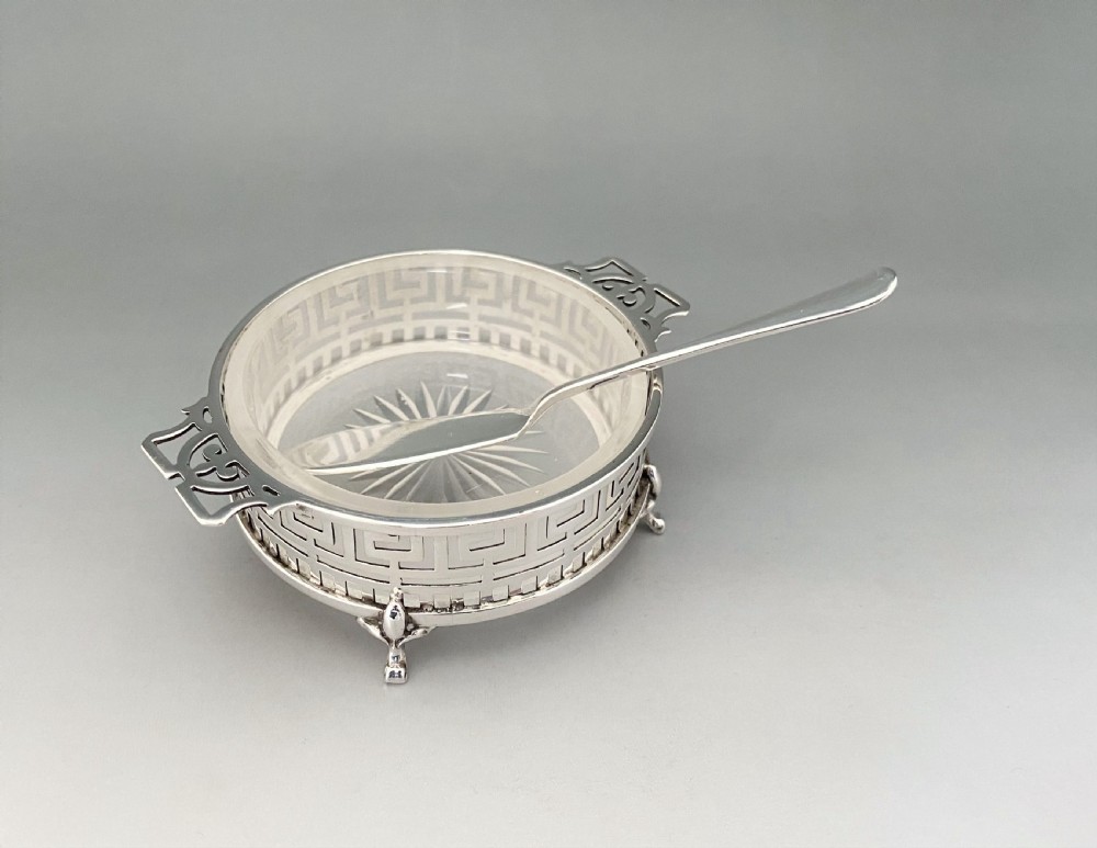 A fine pierced silver & glass butter dish & knife