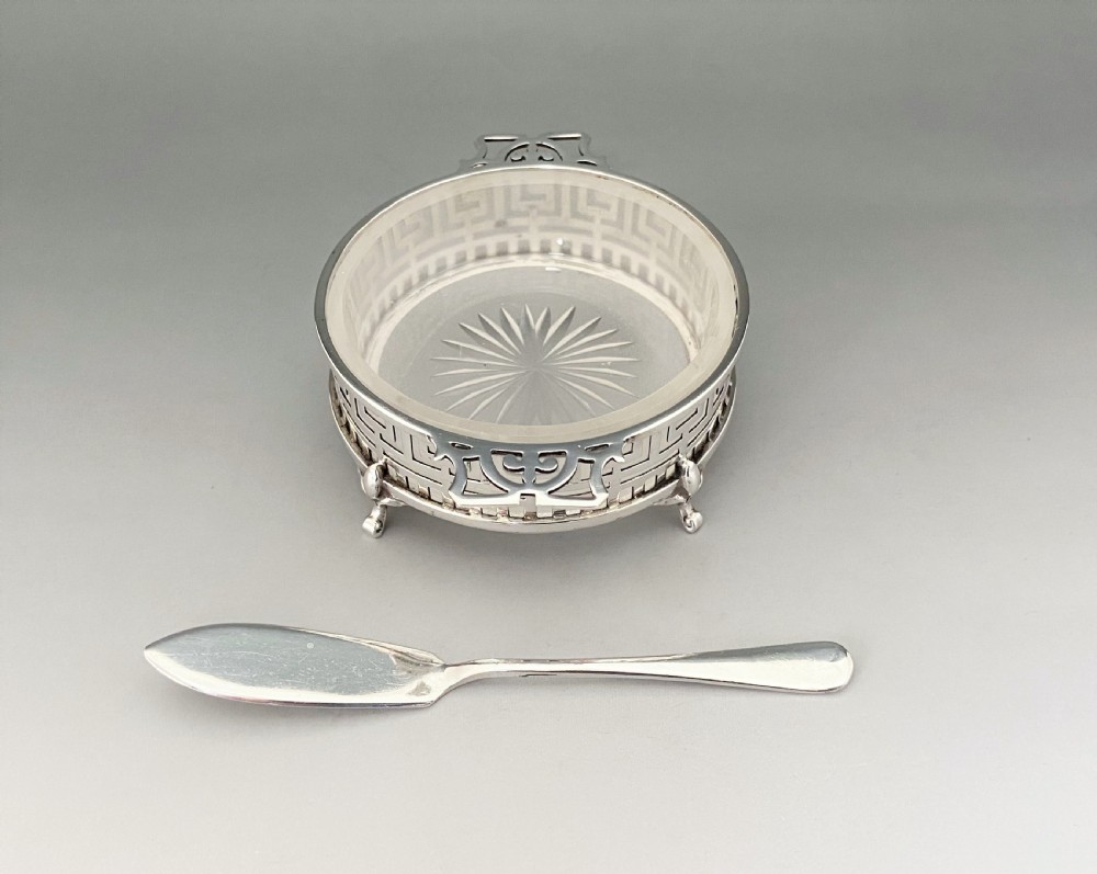 A fine pierced silver & glass butter dish & knife View II