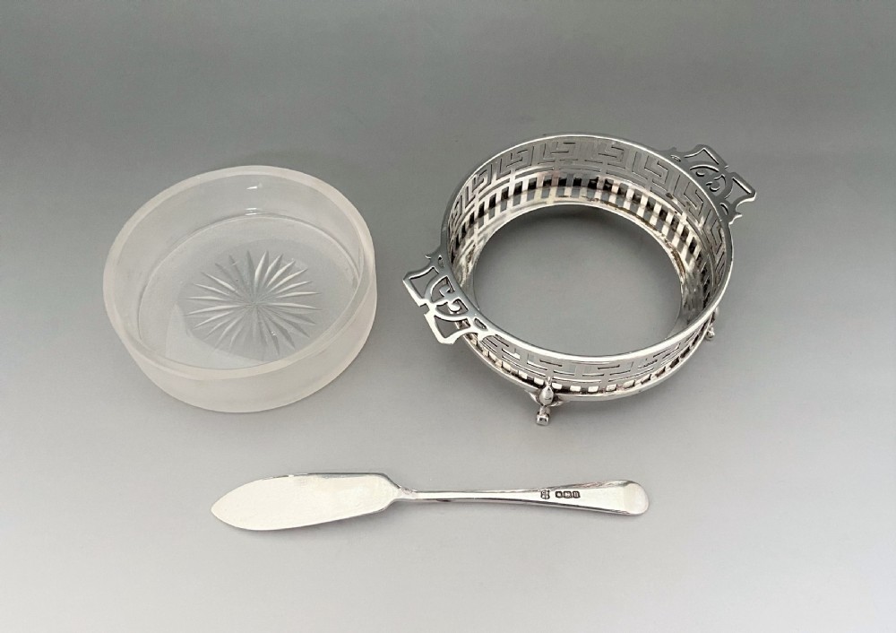 A fine pierced silver & glass butter dish & knife View IV
