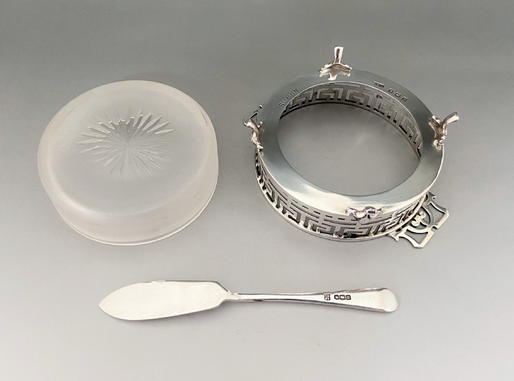 A fine pierced silver & glass butter dish & knife View V