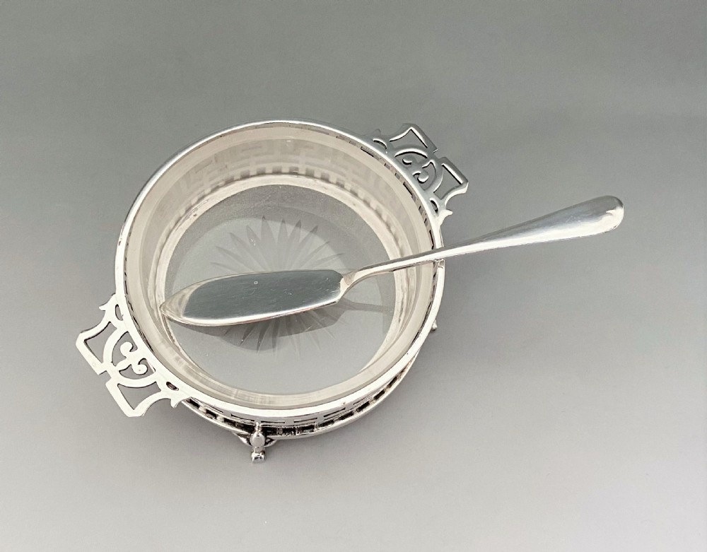 A fine pierced silver & glass butter dish & knife View VI