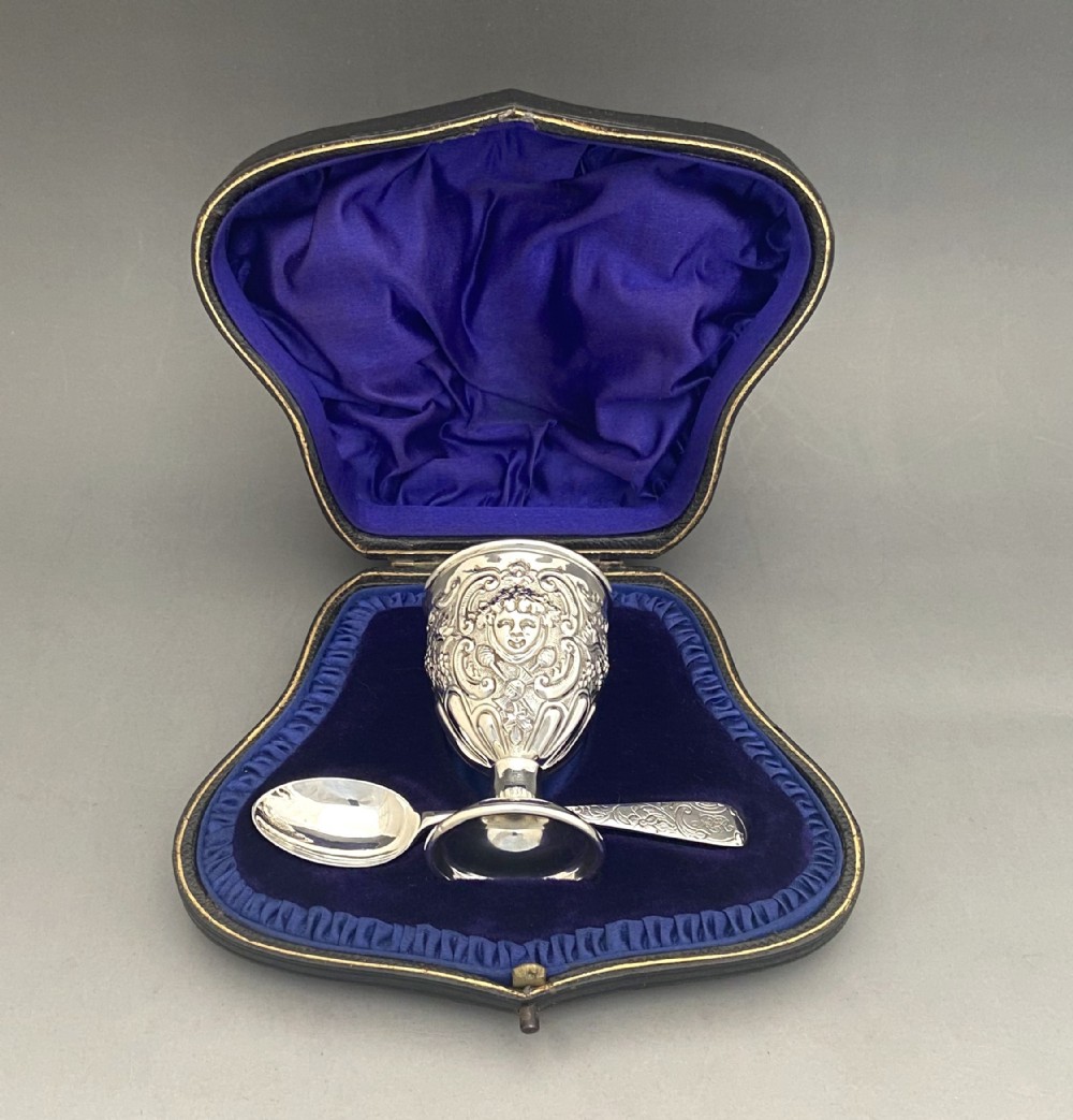 A wonderful Victorian boxed silver egg cup & spoon