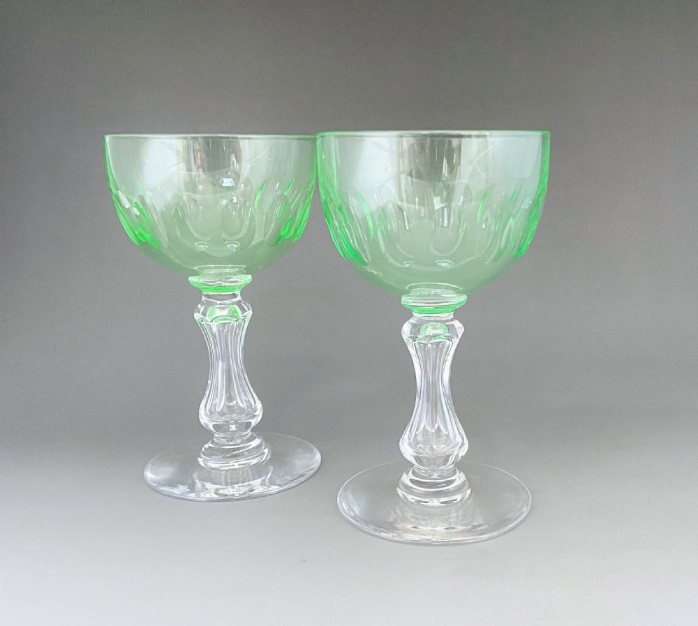A delightful pair of Victorian uranium bowl dessert wine glasses View III