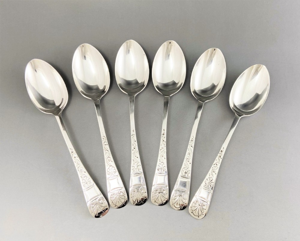 A fine set of six engraved Victorian silver teaspoons View II