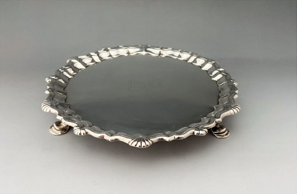 A superb 1744 George II silver waiter/card tray View III