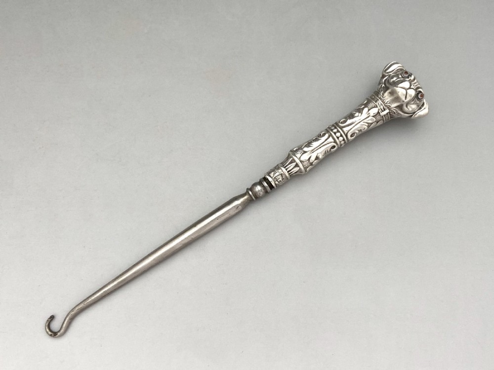 A rare Edwardian novelty silver Dog button hook View II