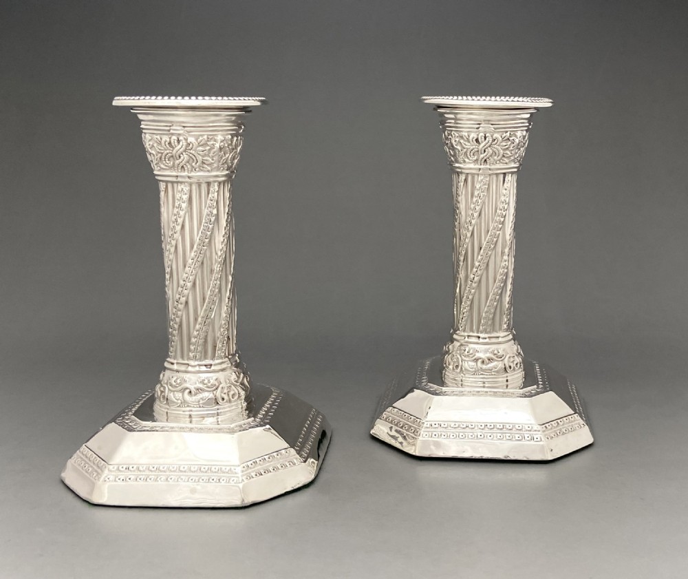 An attractive pair of Victorian silver Corinthian column candlesticks View IV