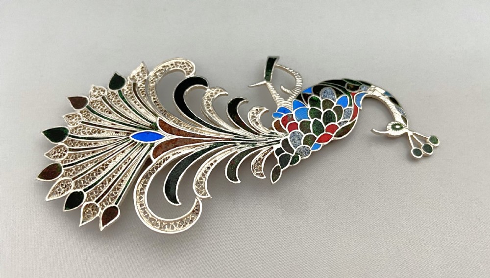 A gorgeous silver filigree & enamel Peacock brooch  View III