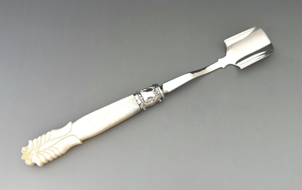 A Victorian silver Stilton scoop featuring a curved scoop blade, decorative metallic ferrule, and carved mother of pearl handle. View II