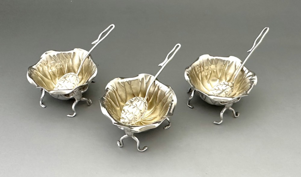 A fabulous set of 3 Victorian silver naturalistic novelty salts View II