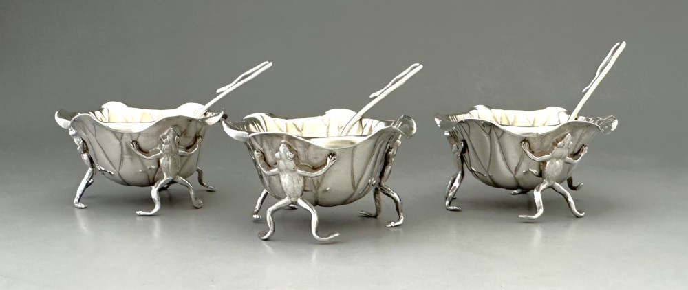 A fabulous set of 3 Victorian silver naturalistic novelty salts View III