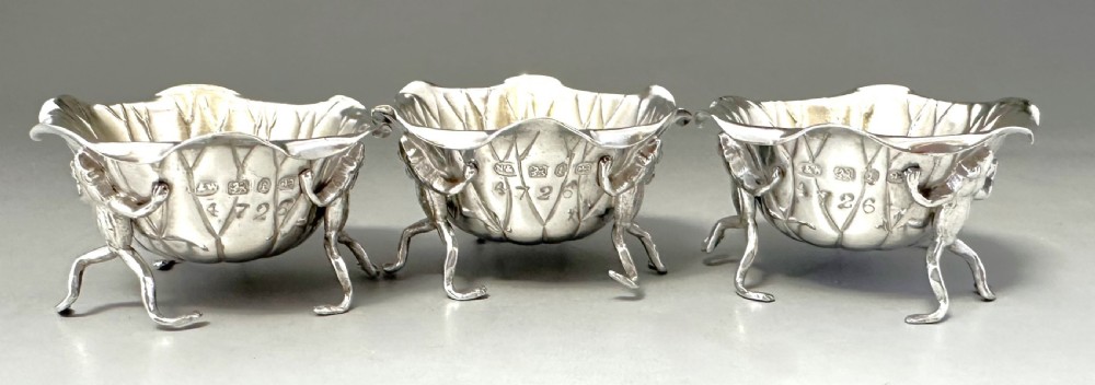 A fabulous set of 3 Victorian silver naturalistic novelty salts View VI