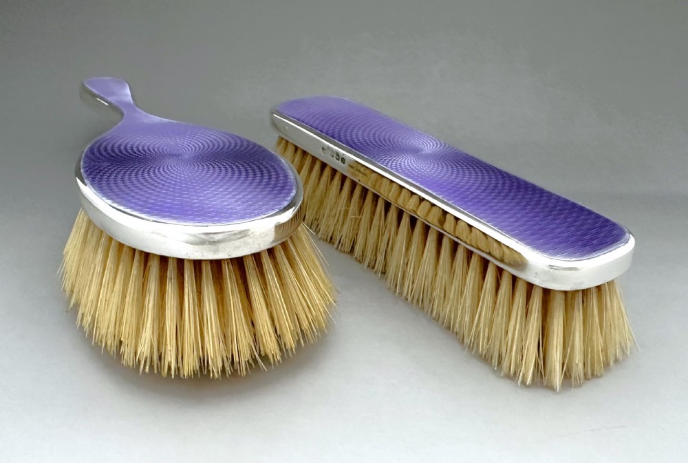 A lovely pair of George V silver & guilloche enamel brushes View III