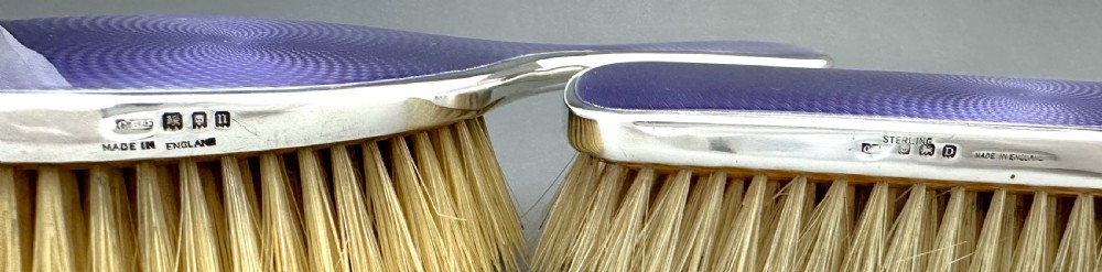 A lovely pair of George V silver & guilloche enamel brushes View VI