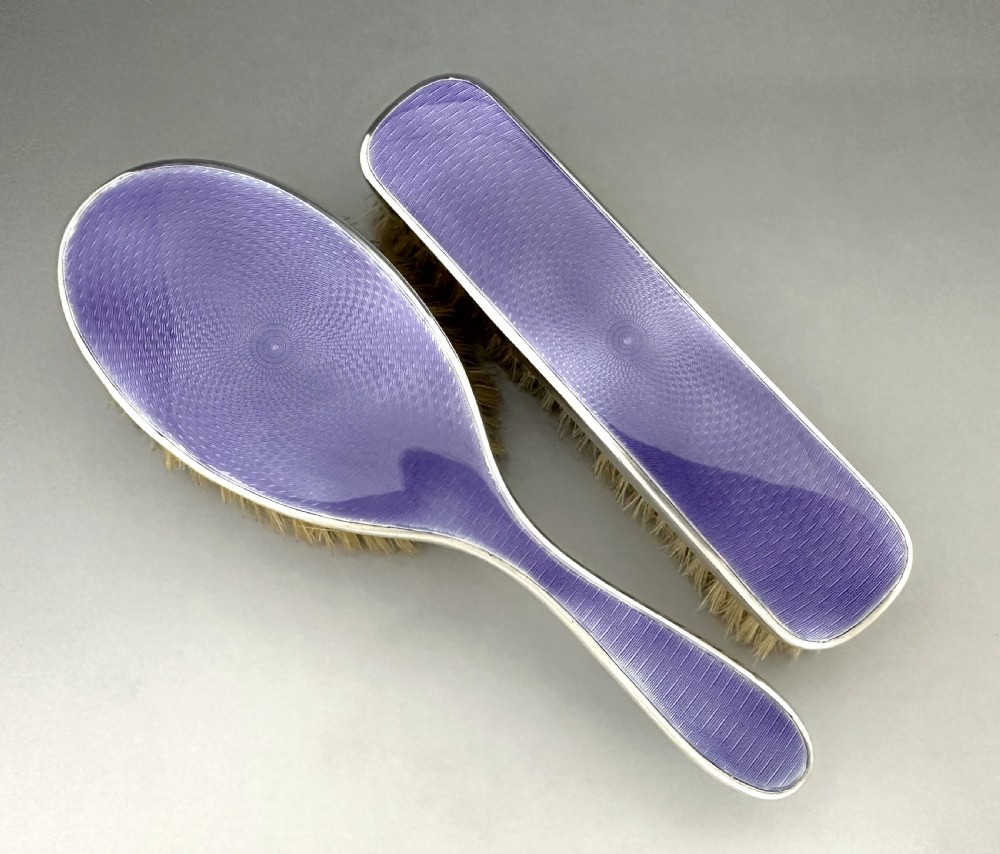 A lovely pair of George V silver & guilloche enamel brushes View VII