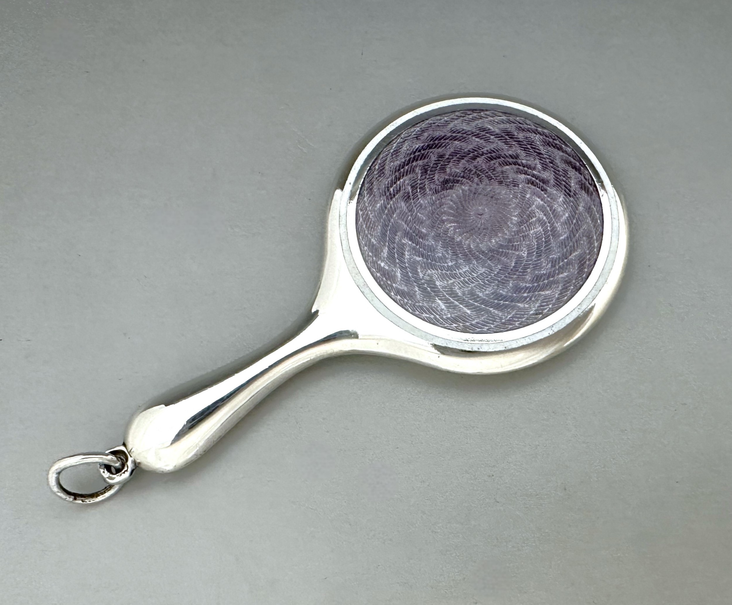 A lovely silver & guilloche enamel handbag/ chatelaine mirror