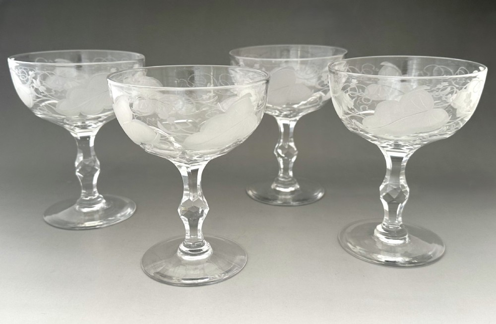 A Gorgeous Set Of 4 Victorian cut & engraved Champagne glasses