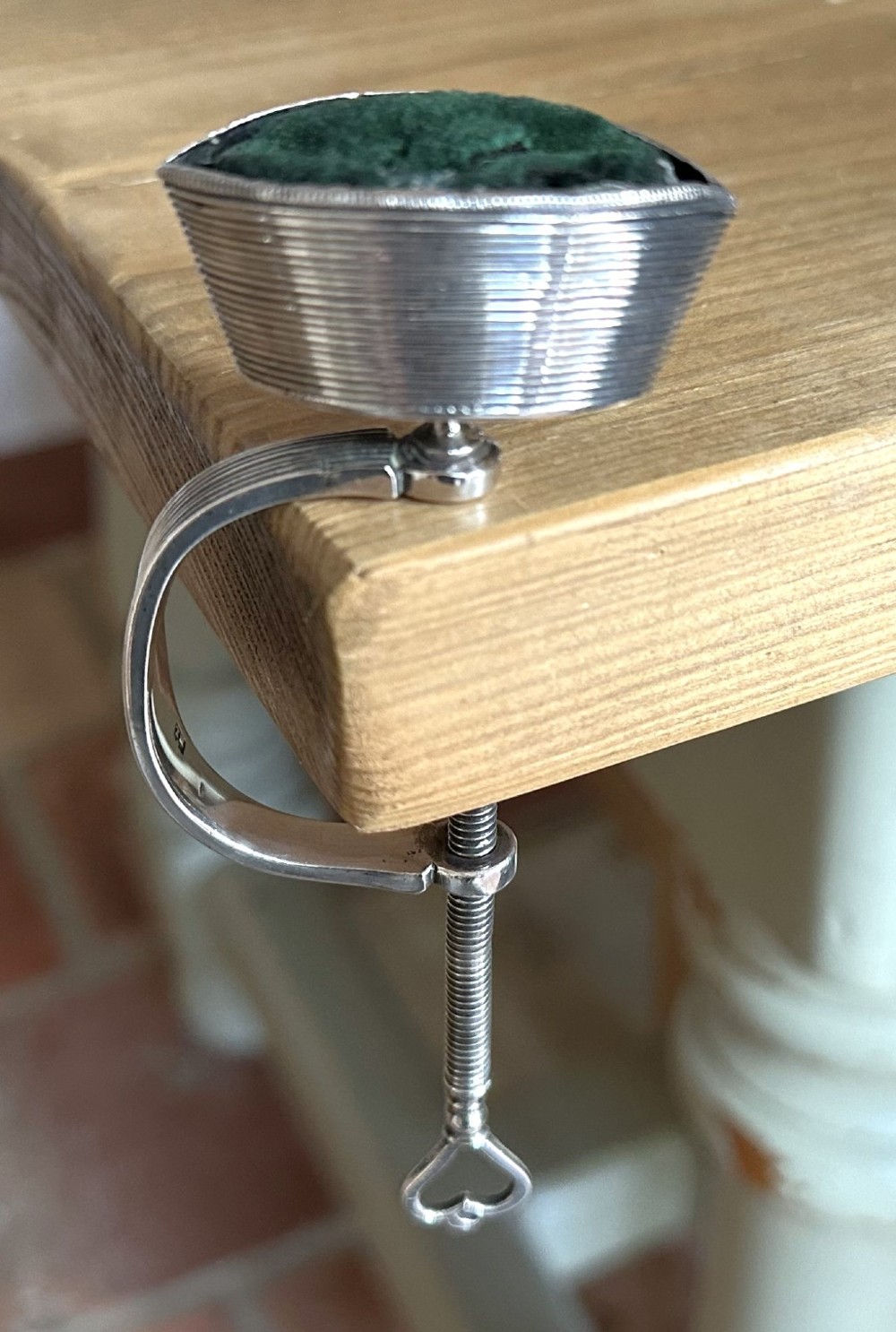 A rare 19th Century Dutch silver sewing clamp with pin cushion View XIII